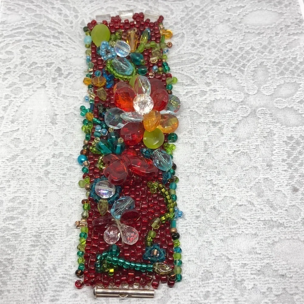 ARTISAN handmade flower glass cluster bead statement bracelet boho fairy fantasy